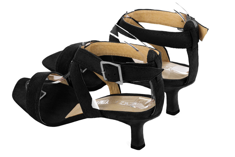 Matt black women's fully open sandals, with crossed straps. Square toe. Medium spool heels. Rear view - Florence KOOIJMAN